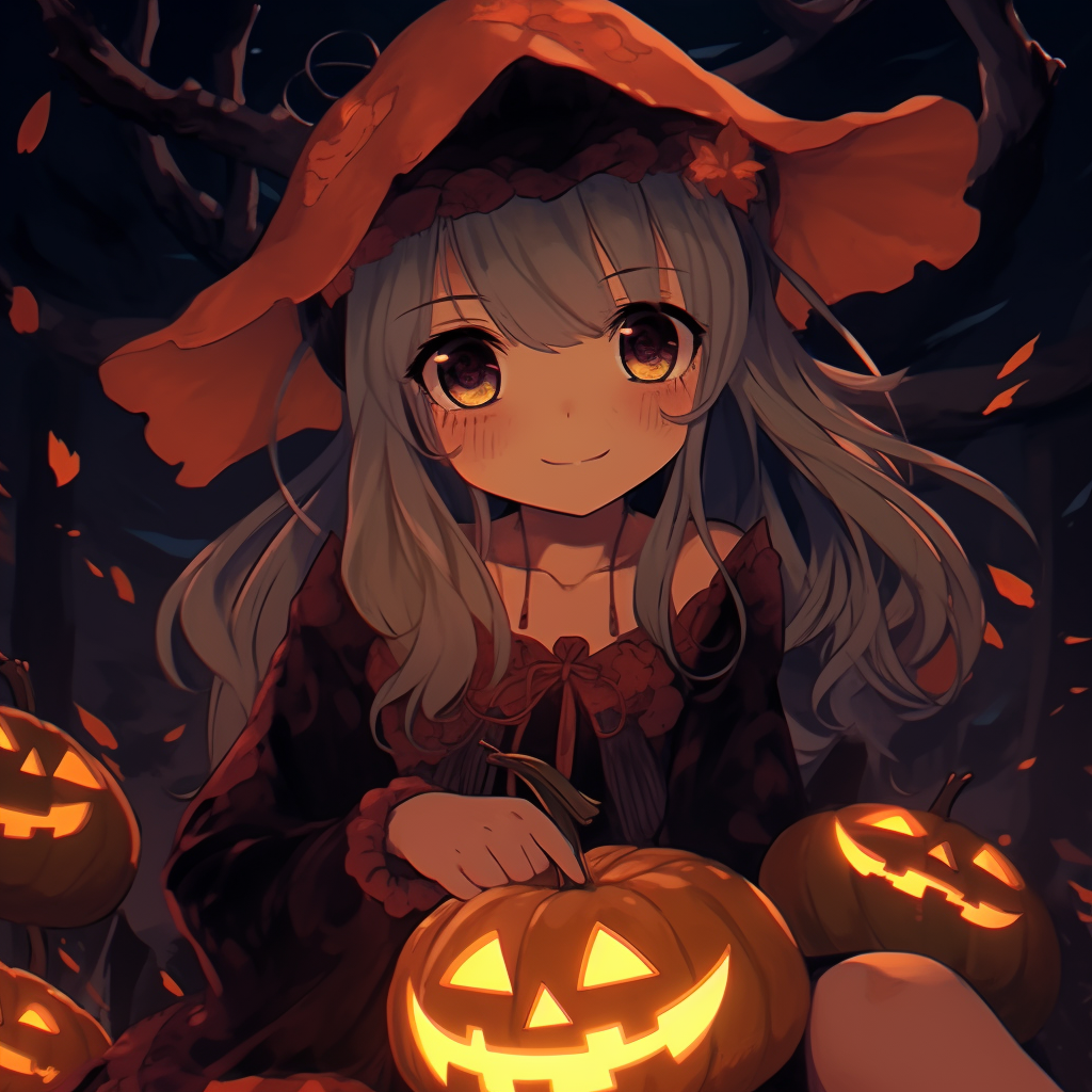 Anime character with Jack-o'-lantern, bright oranges and expressive design. halloween anime pfp aesthetics