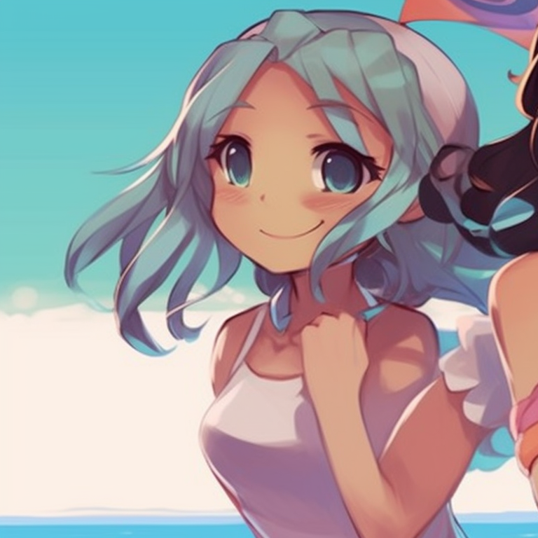 Two characters in sporty outfits, bright morning hues with a touch of urban aesthetics, jogging harmoniously in tandem. matching pfp for besties cartoon style pfp for discord.