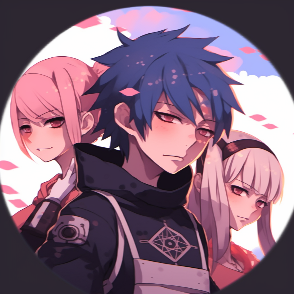 Action-oriented portrait of Naruto, Sasuke, and Sakura, showcasing motion effects and detailed costume designs. anime 3 matching pfp for mixed gender