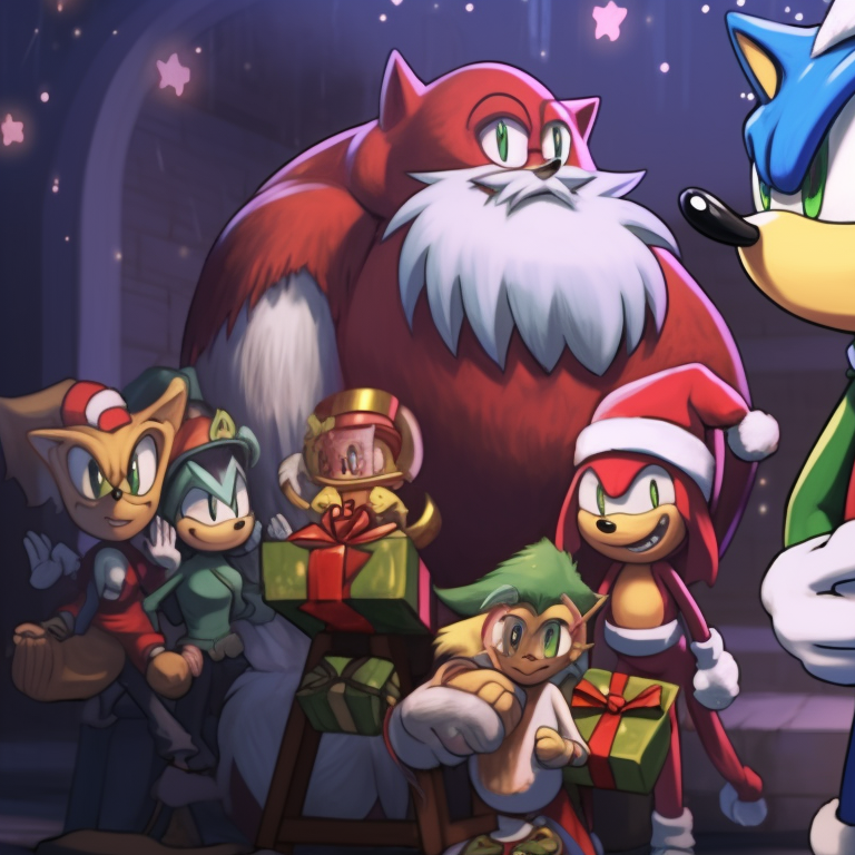 Sonic characters under a starlit sky, scattered stars enhancing the Christmas theme, soft glow illuminating the characters. iconic matching christmas sonic pfp pfp for discord.