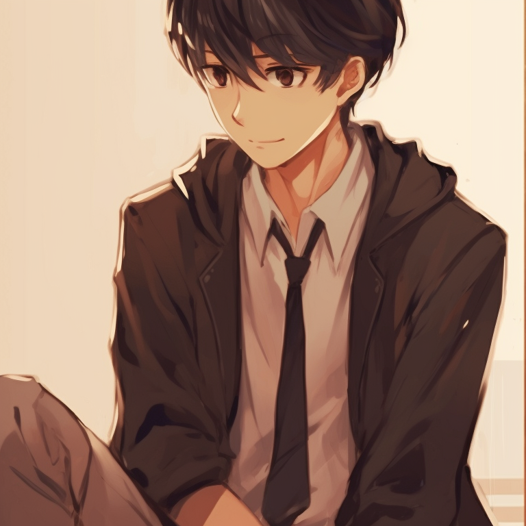 Two school characters seated back-to-back, earthy tones and light shading. anime inspired matching pfp couples pfp for discord.