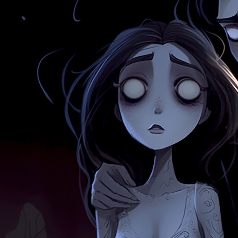 Two characters, in matching Victorian garb, touching foreheads, within a mystical aura. unique corpse bride pfp pfp for discord.