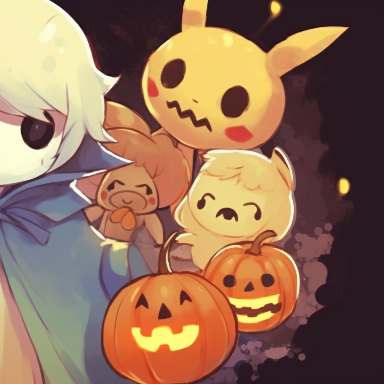 A group of Pokemon in ghostly attire, pale colors, eerie aesthetic. matching pokemon pfp halloween theme for friends pfp for discord.