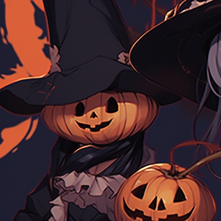 Two characters donning pumpkin-themed accessories, vivacious orange and black color scheme. matching anime pfp gif halloween theme collection pfp for discord.