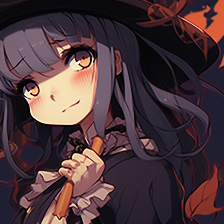 Two characters donning pumpkin-themed accessories, vivacious orange and black color scheme. matching anime pfp gif halloween theme collection pfp for discord.