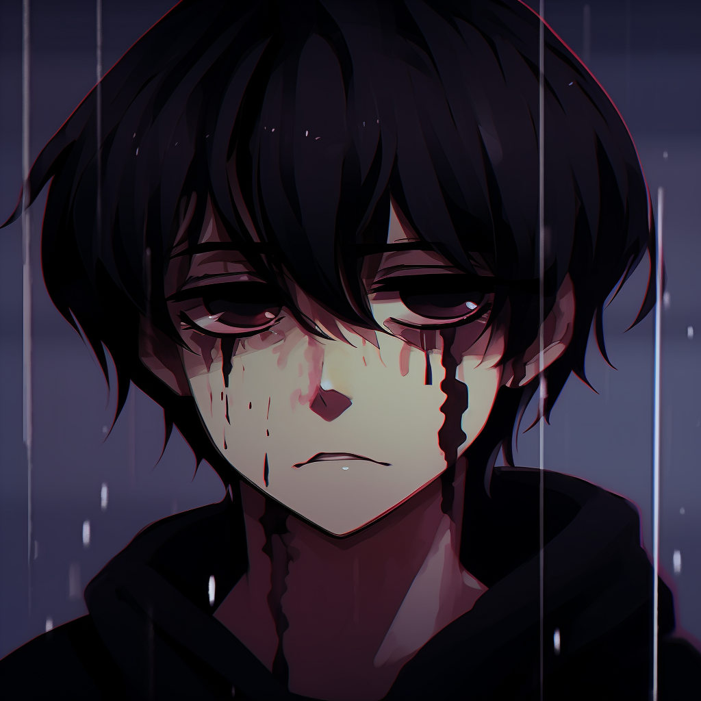 Portrait of a forlorn anime boy, melancholic color palette and strong line art. sad pfp anime boy characters