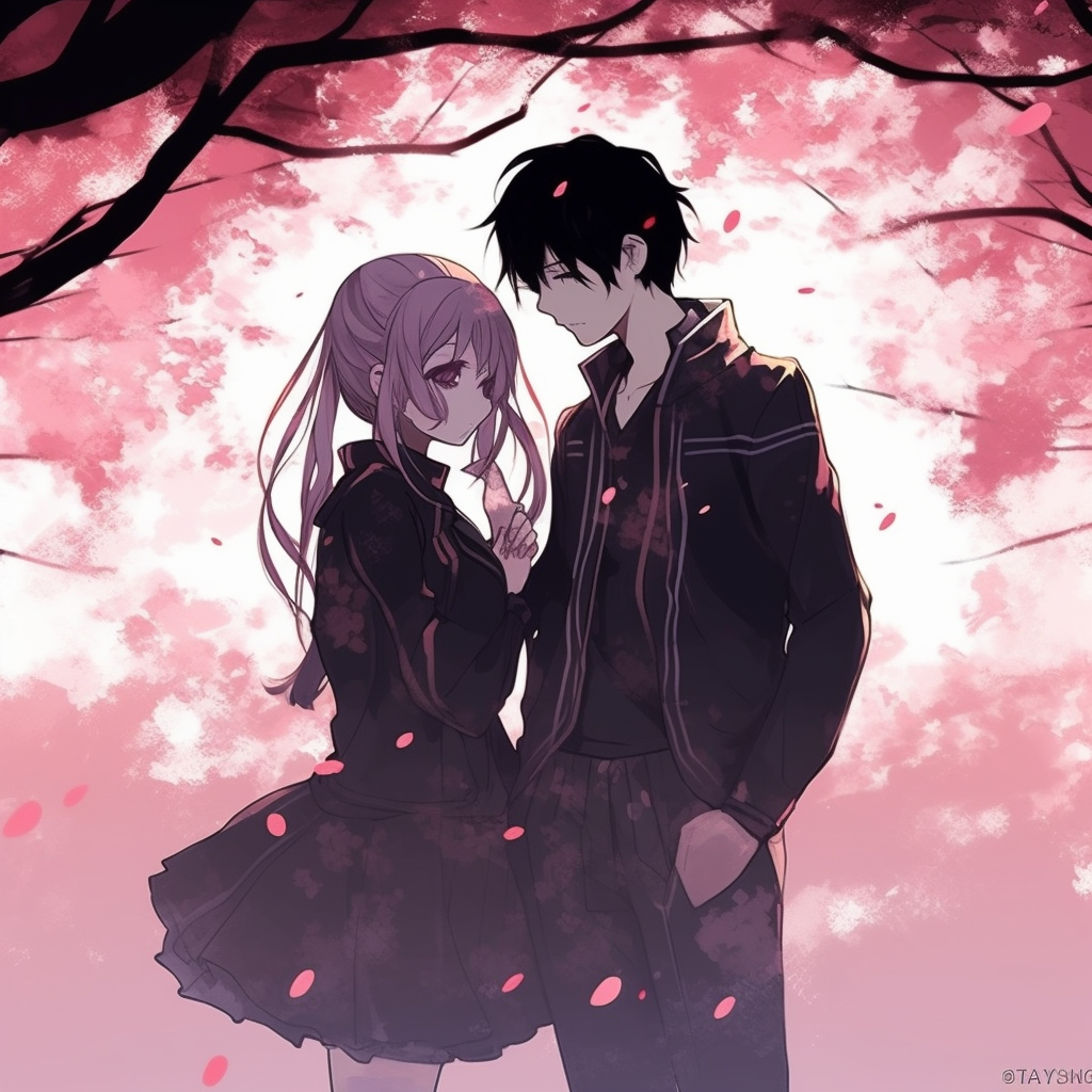 An anime couple pictured beneath a blooming sakura tree, soft color palette and detail in blossoms. cool anime couple pfp