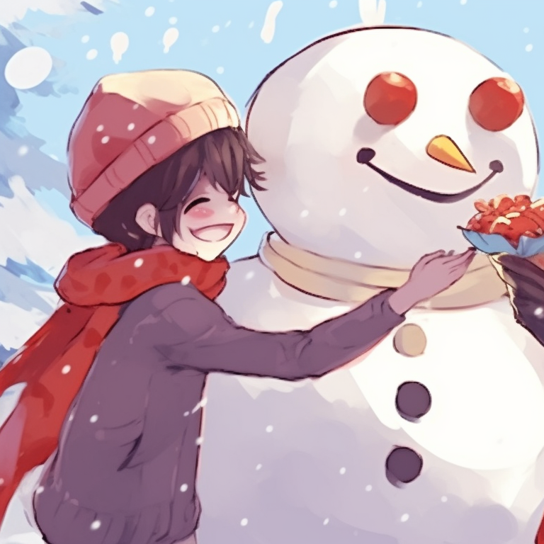 Close-up of two characters, sharing a scarf, simple lines and cozy colors. trending matching shen comix pfp christmas pfp for discord.