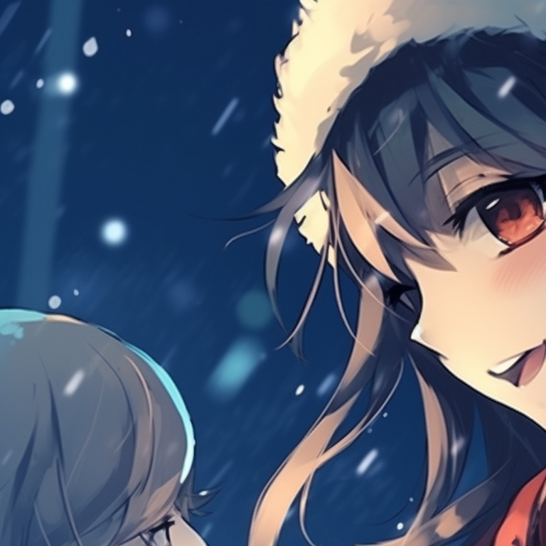 Characters in gingerbread themed outfits, warm colors and icing-like details, standing side by side. cute girl and boy matching christmas pfp pfp for discord.