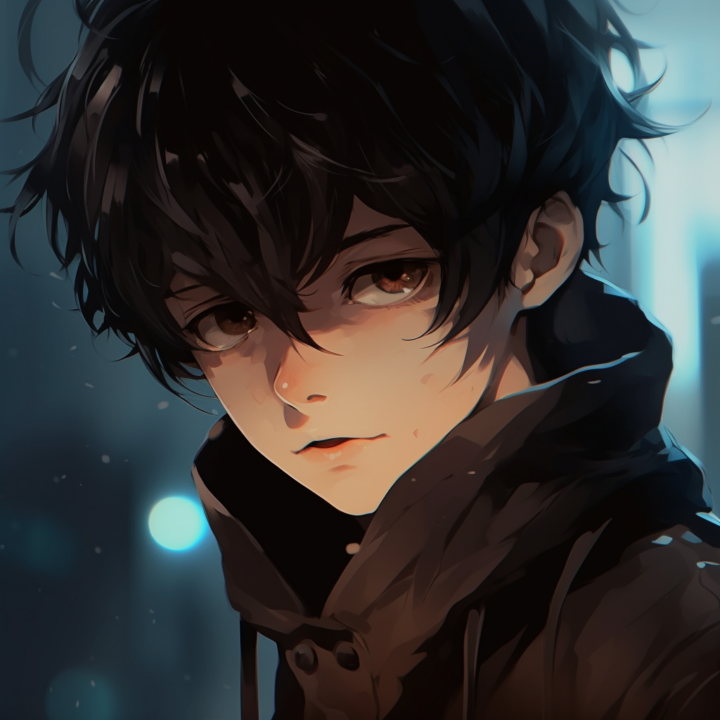 An engaging portrait of Anime boy with eyes emitting an intense, radiant glow, a striking feature in the otherwise moody color palette. unique anime boy pfp aesthetic pfp for discord.