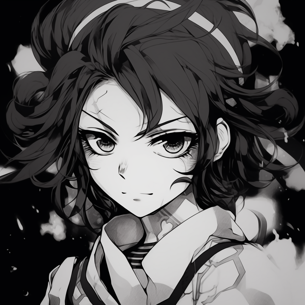 One Piece's Luffy in a dynamic pose, the figure and outfit details outlined in black and white. vintage anime black and white pfp