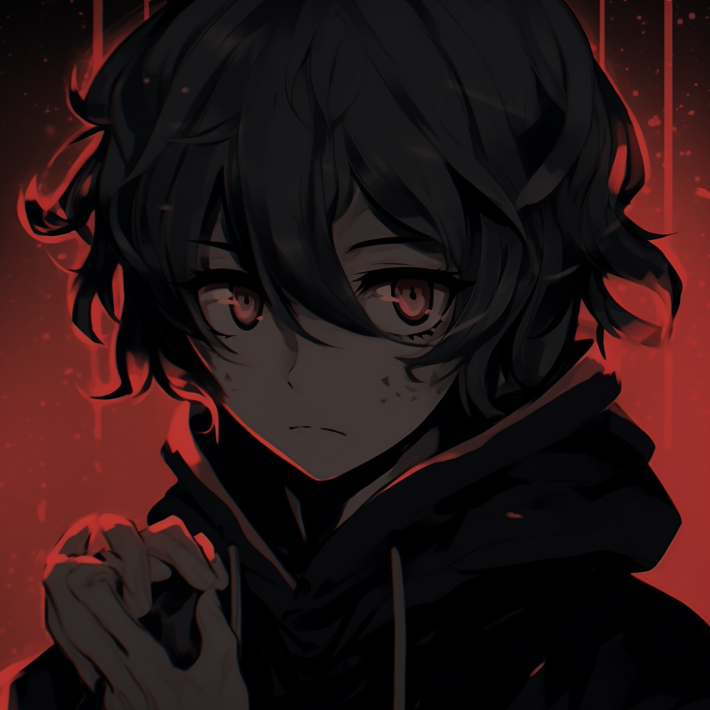 Intense dark art style focusing on character's vivid, red eyes, suggesting a mysterious essence. anime pfp dark with mysterious themes pfp for discord.