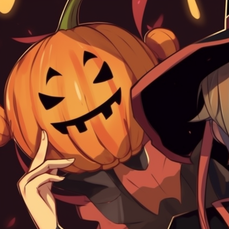 Two characters under a moonlit sky, quirky costumes and playful expressions. aesthetic anime matching pfp halloween theme: cute characters pfp for discord.