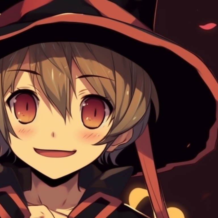 Two characters under a moonlit sky, quirky costumes and playful expressions. aesthetic anime matching pfp halloween theme: cute characters pfp for discord.