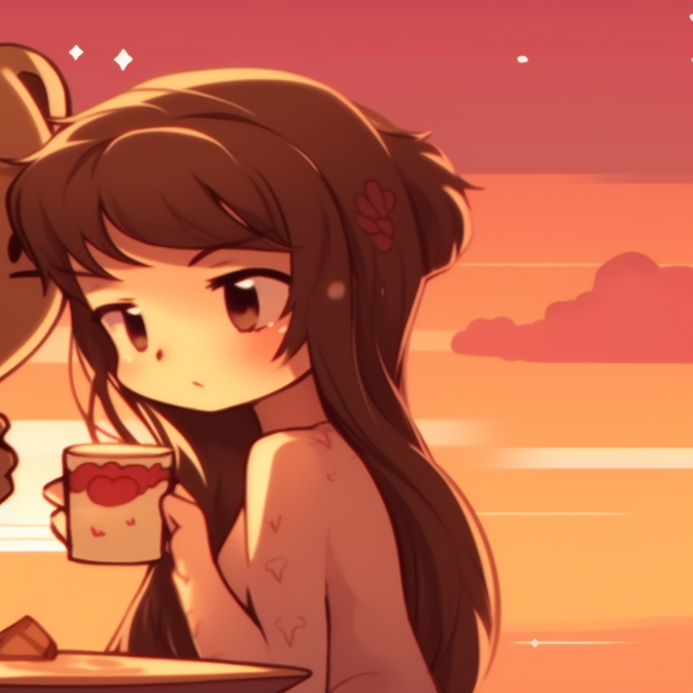 Characters against a sunset backdrop, warm tones, milk hugging mocha from behind. milk and mocha pfp combinations pfp for discord.