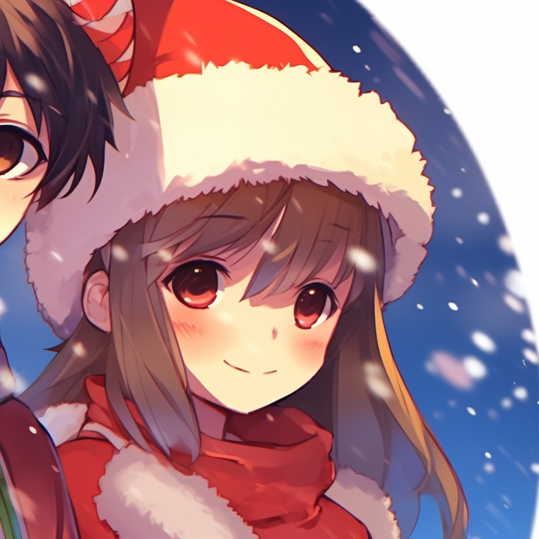Two characters wrapped in warm clothes, vivid colors and snowflakes adorning the background. matching anime christmas pfp character inspiration pfp for discord.