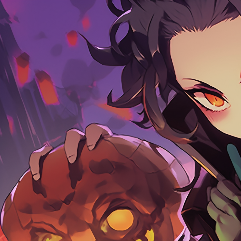 Two characters, in full demon slayer attire, one standing guard while the other prepares to strike, set against a dark and shadowy Halloween-themed backdrop. matching demon slayer pfp halloween theme illustrations pfp for discord.