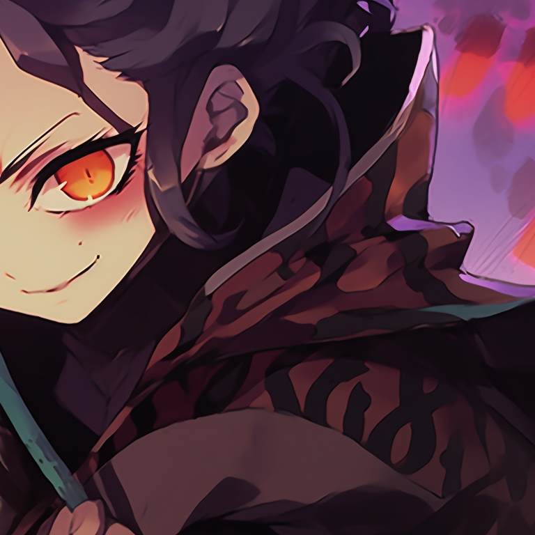 Two characters, in full demon slayer attire, one standing guard while the other prepares to strike, set against a dark and shadowy Halloween-themed backdrop. matching demon slayer pfp halloween theme illustrations pfp for discord.