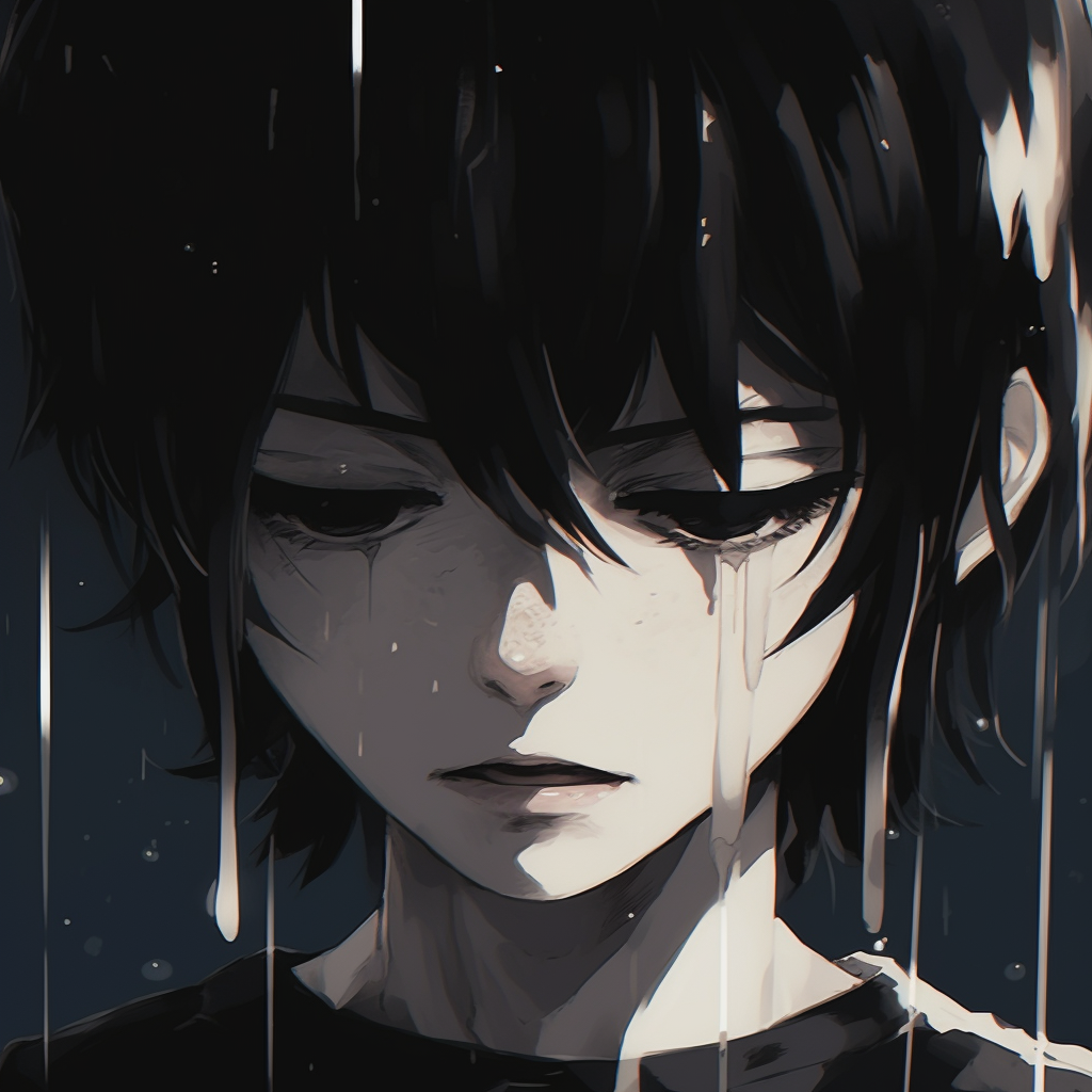 Tears illustrated in anime aesthetics, use of gloss effect and intense shading. sad pfp anime aesthetics