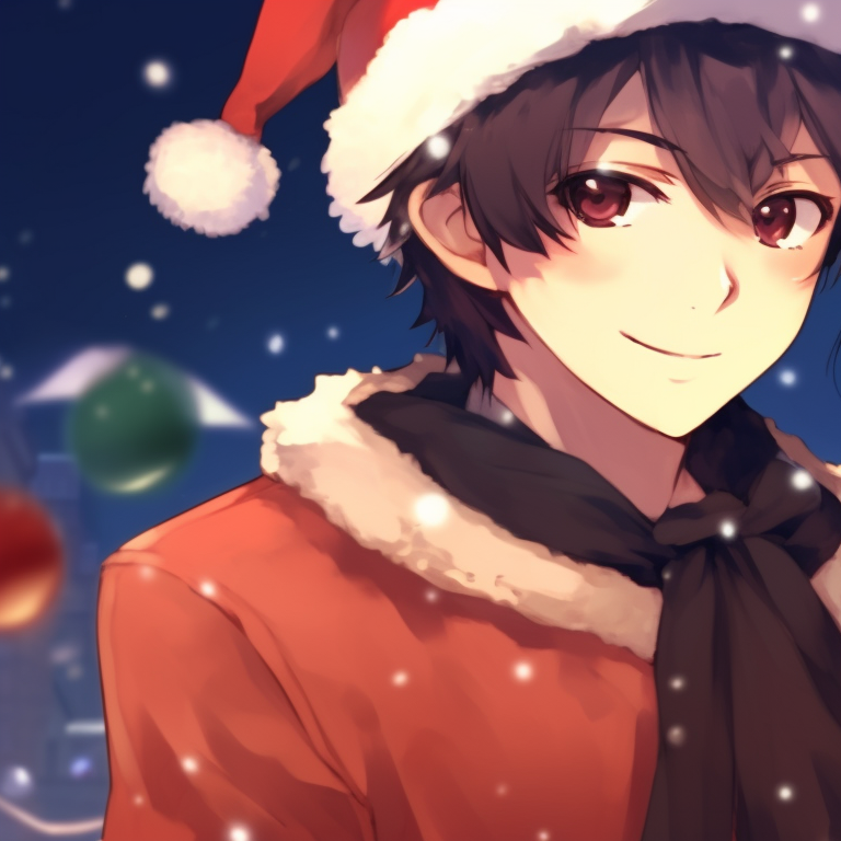 Two characters in a loving embrace, adorned with holiday motifs, creating a cozy scene. christmas anime matching pfp pfp for discord.