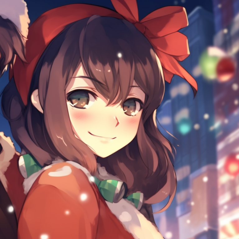 Two characters in a loving embrace, adorned with holiday motifs, creating a cozy scene. christmas anime matching pfp pfp for discord.