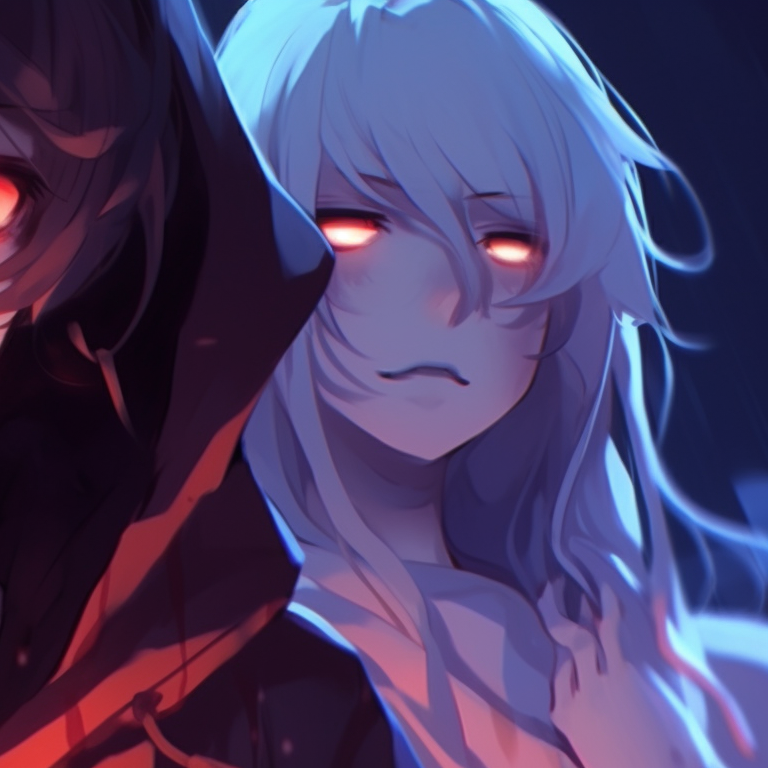 Two characters under a cursed spell, unsettling tones and broken smiles. chilling sad pfps - halloween matching themes pfp for discord.