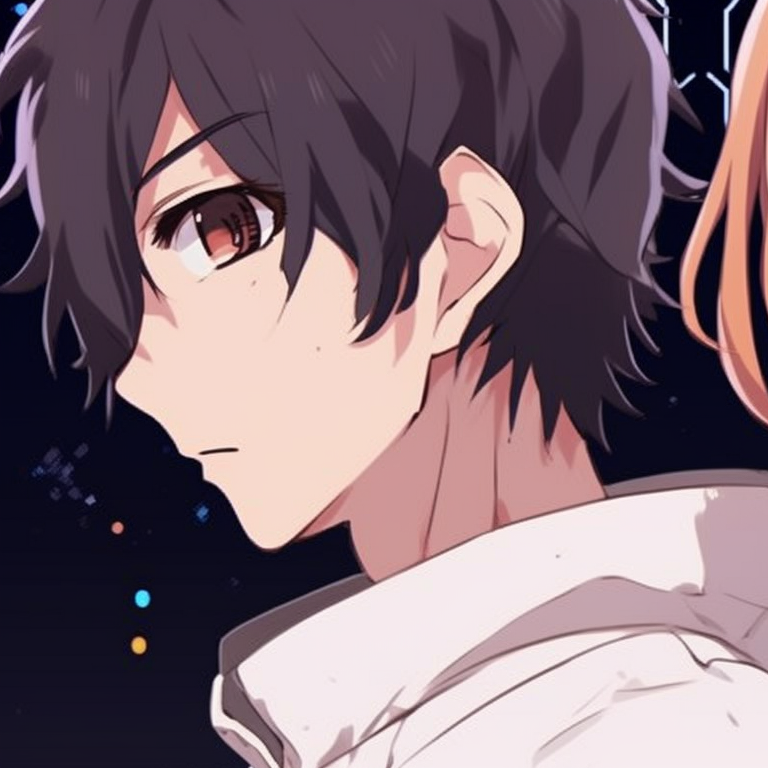 Two characters in astronaut-themed outfits, high contrast colors and star-speckled background. anime pfp matching in 2023 pfp for discord.