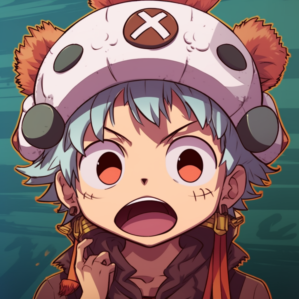 One Piece's character Chopper seen wearing a playful paper hat, bright colors and clean line work. funny anime pfps for chat platforms