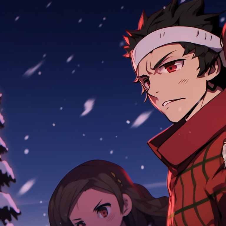 Giyuu and Kanao decorating a Christmas tree, vibrant colors and detailed ornaments. demon slayer christmas pfp ideas pfp for discord.