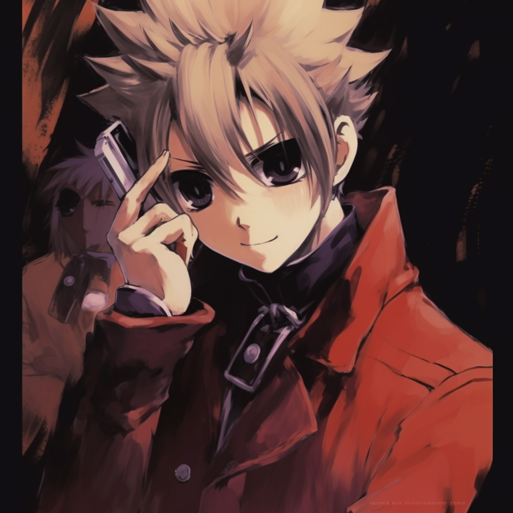Y2K era Vash the Stampede from Trigun characterized by his long red coat and spiky blonde hair. unseen y2k anime pfp