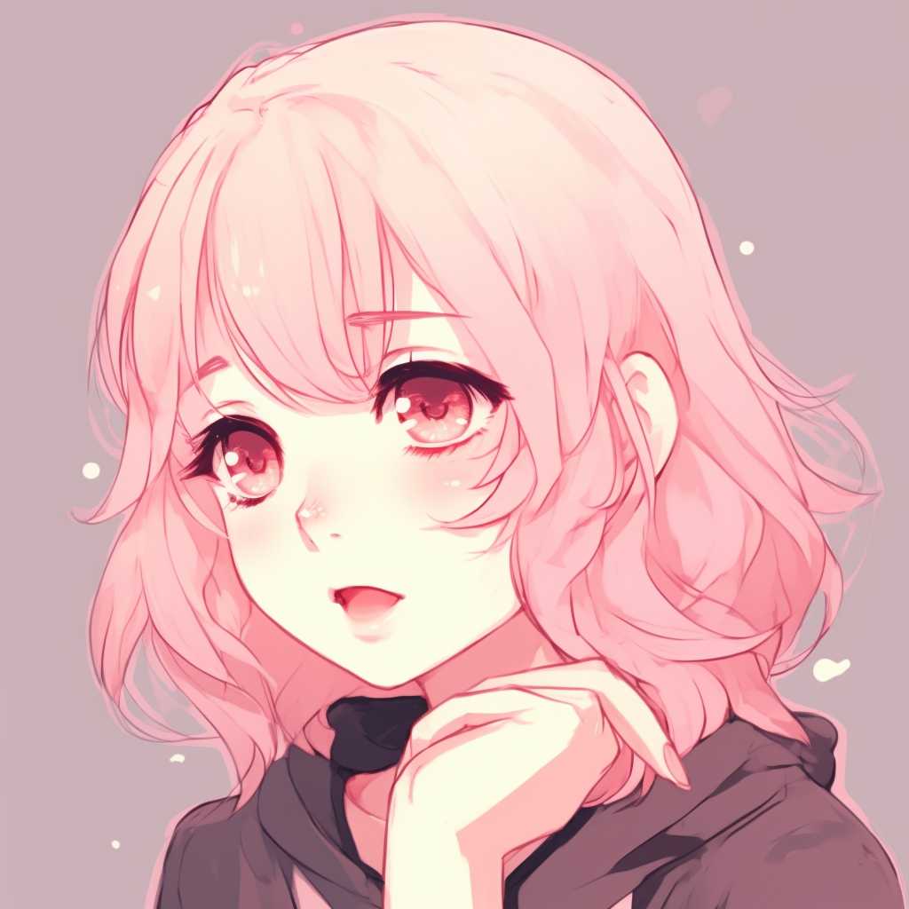 Close-up of an anime girl with vibrant pink hair, highlighting her rosy cheeks and bright eyes. cute pink anime pfps for girls