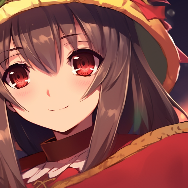 Megumin in a vibrant and festive Christmas costume, background decorated with Christmas motifs. megumin christmas pfp collection pfp for discord.