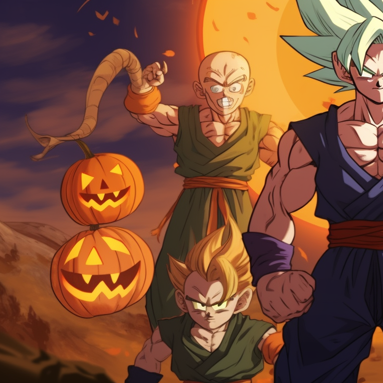 Dragon Ball personalities in a graveyard showdown, dramatic backdrop and intricate costumes details. cool dragon ball halloween themed pfp pfp for discord.