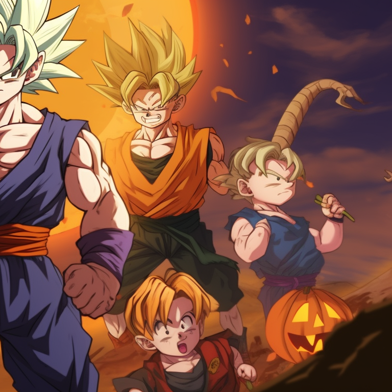 Dragon Ball personalities in a graveyard showdown, dramatic backdrop and intricate costumes details. cool dragon ball halloween themed pfp pfp for discord.
