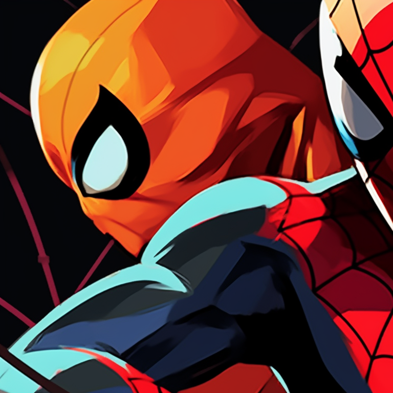 Two characters in spiderman costumes, bold colors and comic style, showing off their signature pose. celebrity spider man matching pfp pfp for discord.