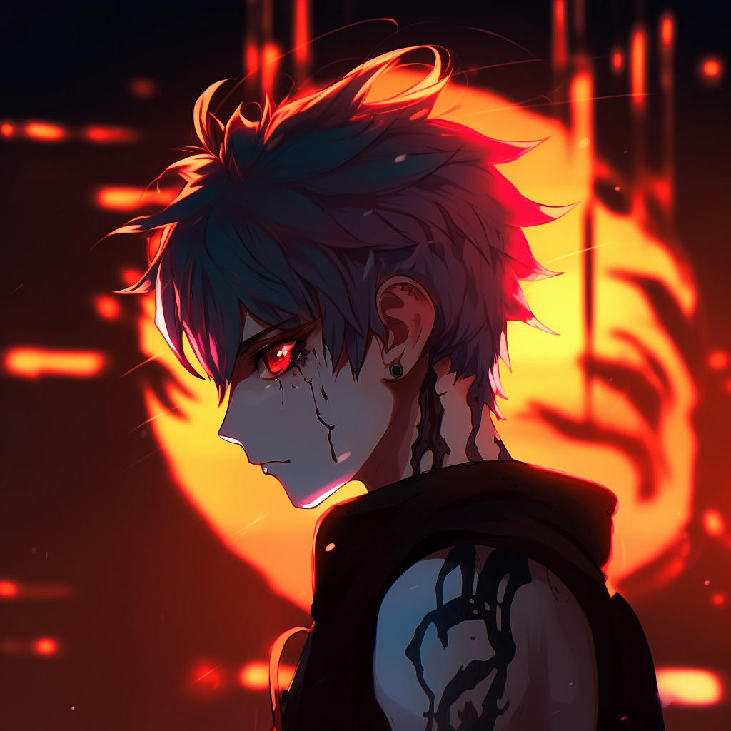 Anime boy with dragon tattoo on neck, heavy shading and bold color contrasts. 4k anime boy profile picture