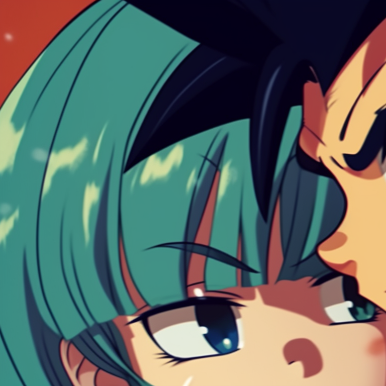 Bulma and Vegeta in synchronized poses, balanced composition and harmonious colors. christmas dragonball lovers bulma and vegeta matching pfp pfp for discord.