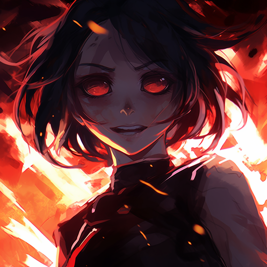 Anime girl surrounded by a fiery ambiance, showcasing dynamic color variations. crazy anime pfp girl depiction pfp for discord.