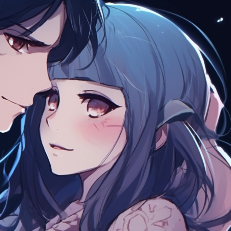Two characters, sharing a tender moment under a lustrous moon, highlights of silver and soft blues accentuate this art piece. aesthetic matching pfp for bf and gf pfp for discord.