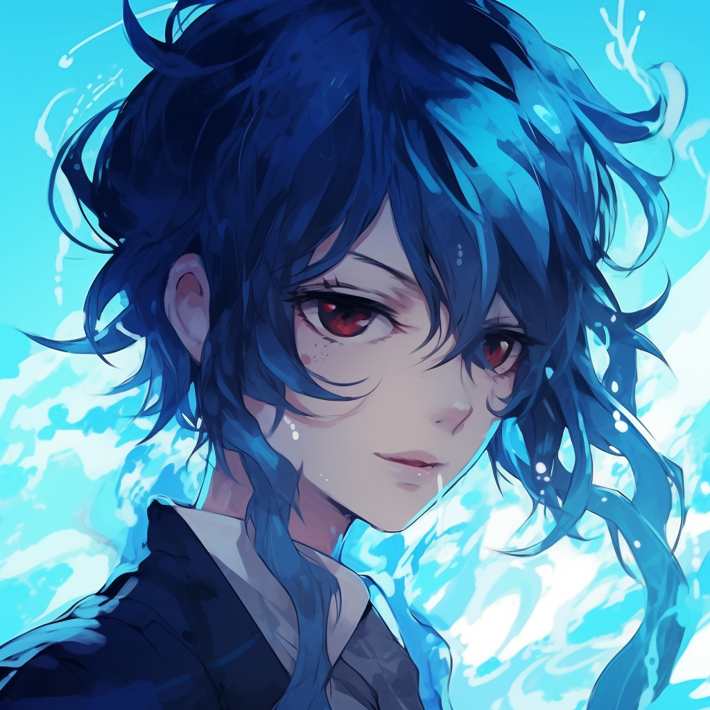Portrait of a maiden with sea-colored hair and calm expressions, attention to tones and depth. blue anime pfp for characters