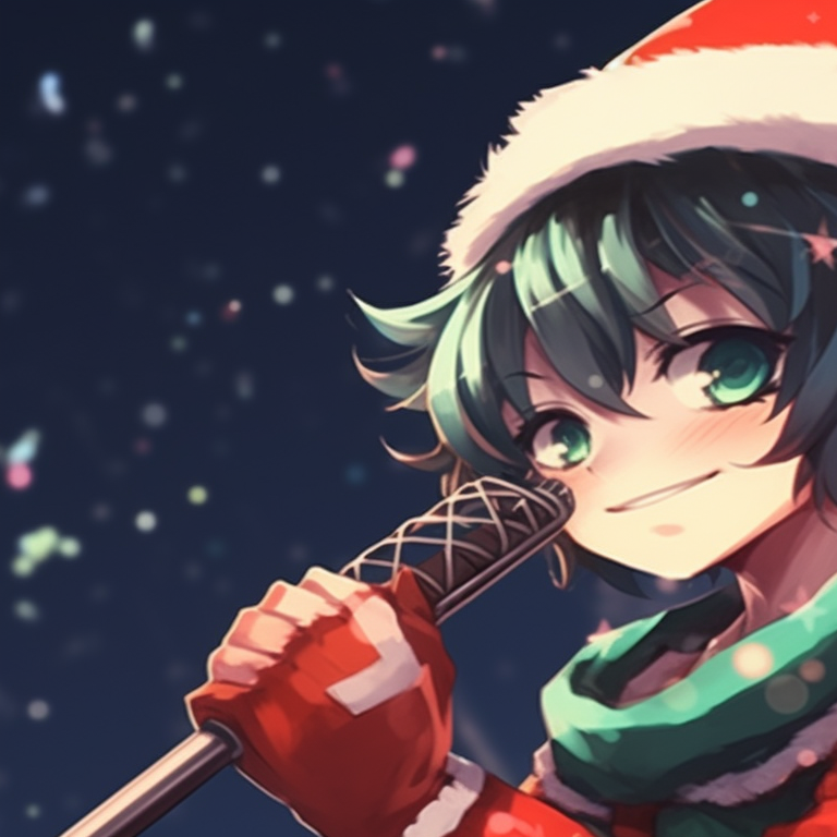 Characters under a mistletoe, romantic undertone with a detailed background illuminated by Christmas lights vibrant matching christmas discord pfp pfp for discord.