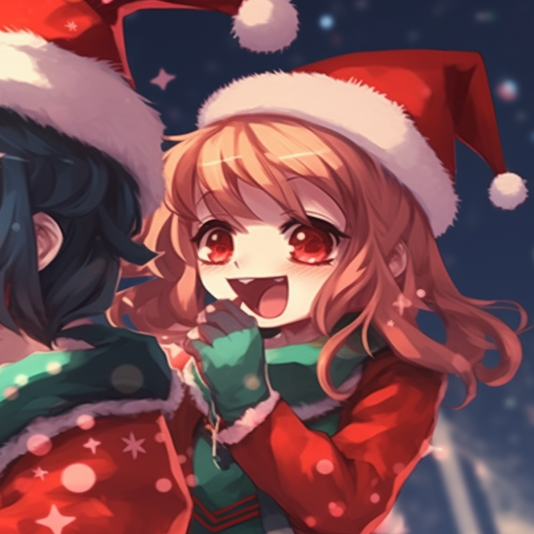 Characters under a mistletoe, romantic undertone with a detailed background illuminated by Christmas lights vibrant matching christmas discord pfp pfp for discord.
