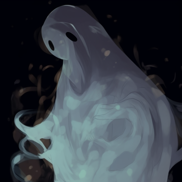 Two ghostly characters, ethereal colors and wispy lines, floating beside each other. ghost pfp design series for halloween theme pfp for discord.