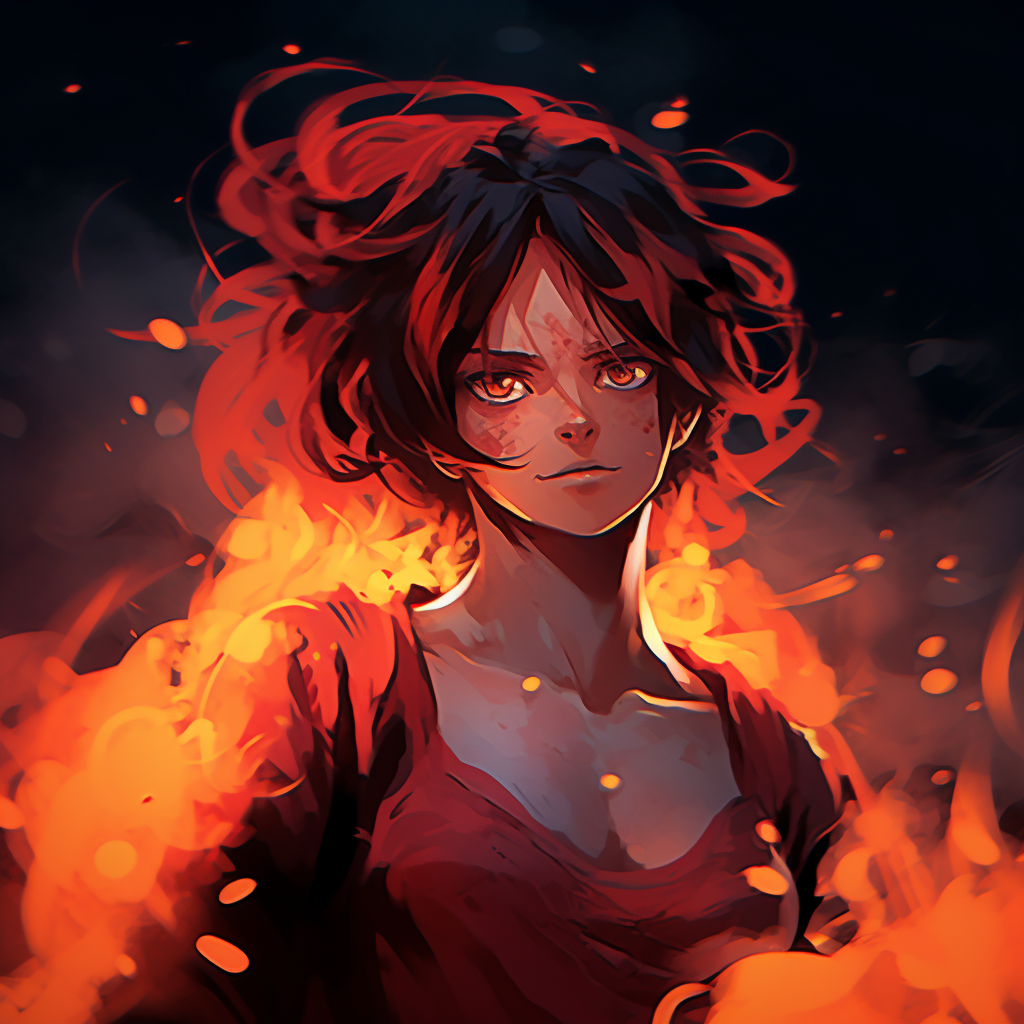 A detailed close-up of a character's flaming eyes, with bright colors and high contrast. general fire pfp