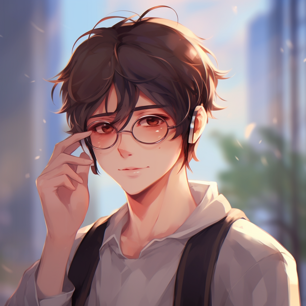Anime guy wearing glasses, crisp details and intellectual vibe. trendy anime guy pfp