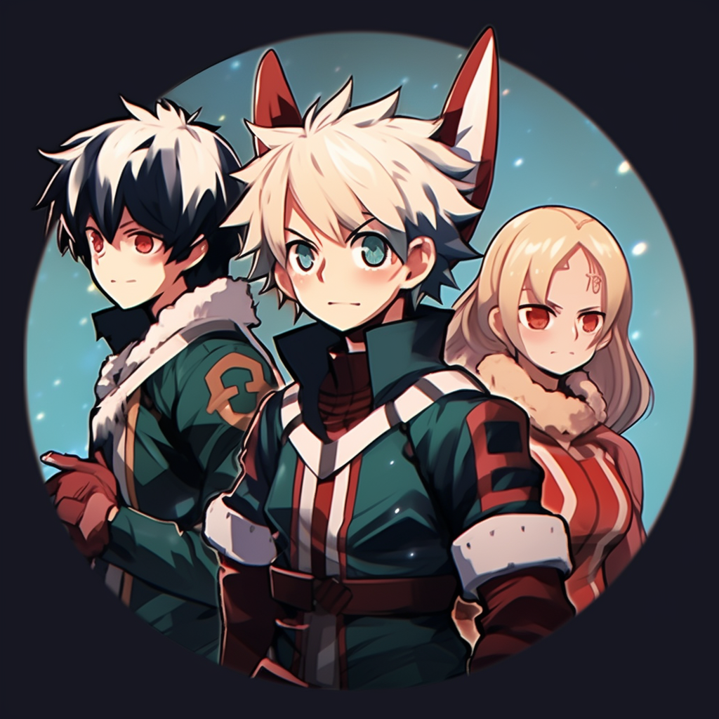 My Hero Academia characters displaying power, with vibrant colors and detailed costumes. anime 3 matching pfp popular choices