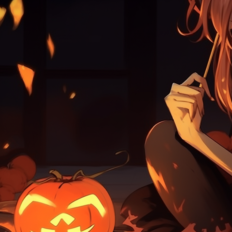 Two characters kneeling over pumpkins, warm colours and smooth shadows, carving Halloween faces. jjk matching pfp halloween theme inspiration pfp for discord.
