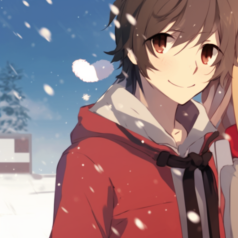 Two characters, soft winter outfits, romantic expressions, walking through a snow-covered scene. anime inspired matching christmas pfp gif pfp for discord.
