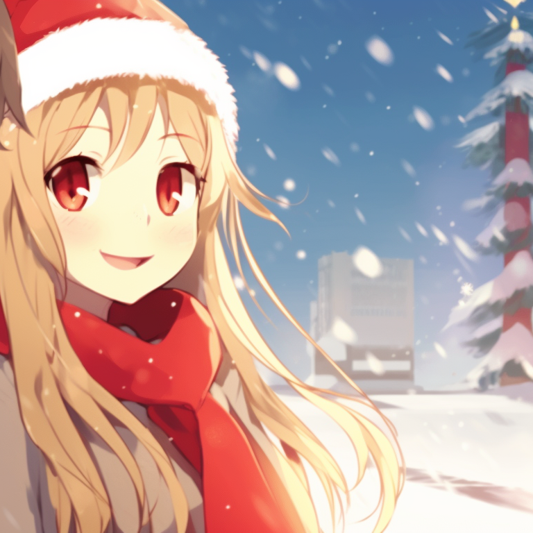 Two characters, soft winter outfits, romantic expressions, walking through a snow-covered scene. anime inspired matching christmas pfp gif pfp for discord.