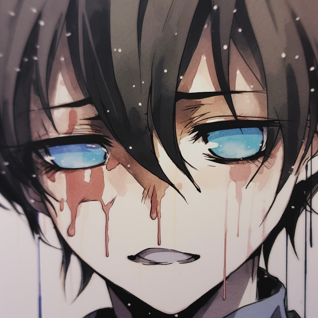 Emotional scene of a male anime character in tears, intense line work and soft color prompts. crying male anime pfp pfp for discord.